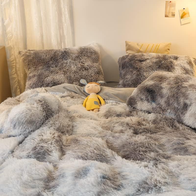 Jameswish Shaggy Plush Duvet Cover Set Super Soft Fluffy Faux Fur Comforter Cover Set Luxury Fuzzy Bedding Set 3 Piece(1Duvet Cover+2Pillowcases) with Zipper Closure(Full Size,Gray White Ombre) - Image 4