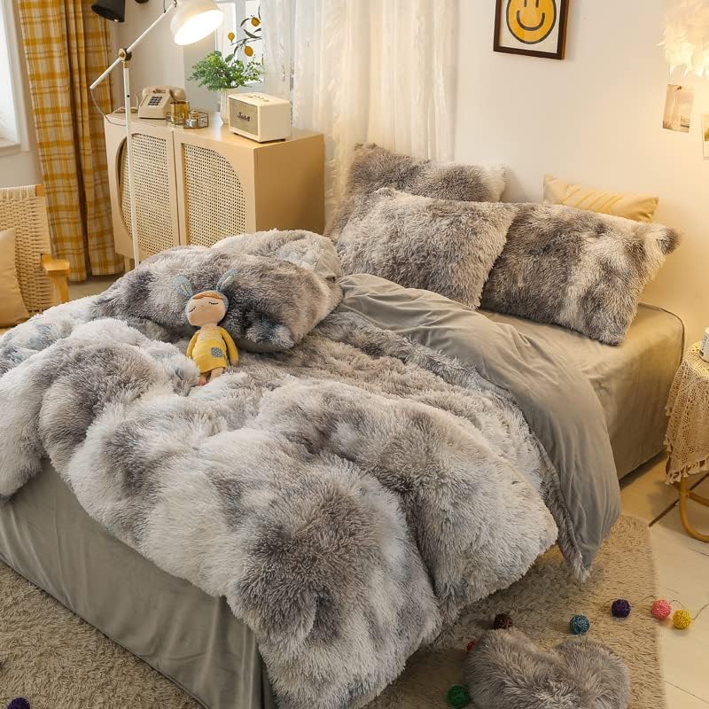 Jameswish Shaggy Plush Duvet Cover Set Super Soft Fluffy Faux Fur Comforter Cover Set Luxury Fuzzy Bedding Set 3 Piece(1Duvet Cover+2Pillowcases) with Zipper Closure(Full Size,Gray White Ombre) - Image 3