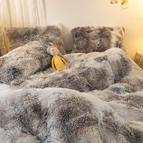 Jameswish Shaggy Plush Duvet Cover Set Super Soft Fluffy Faux Fur Comforter Cover Set Luxury Fuzzy Bedding Set 3 Piece(1Duvet Cover+2Pillowcases) with Zipper Closure(Full Size,Gray White Ombre) - Image 5