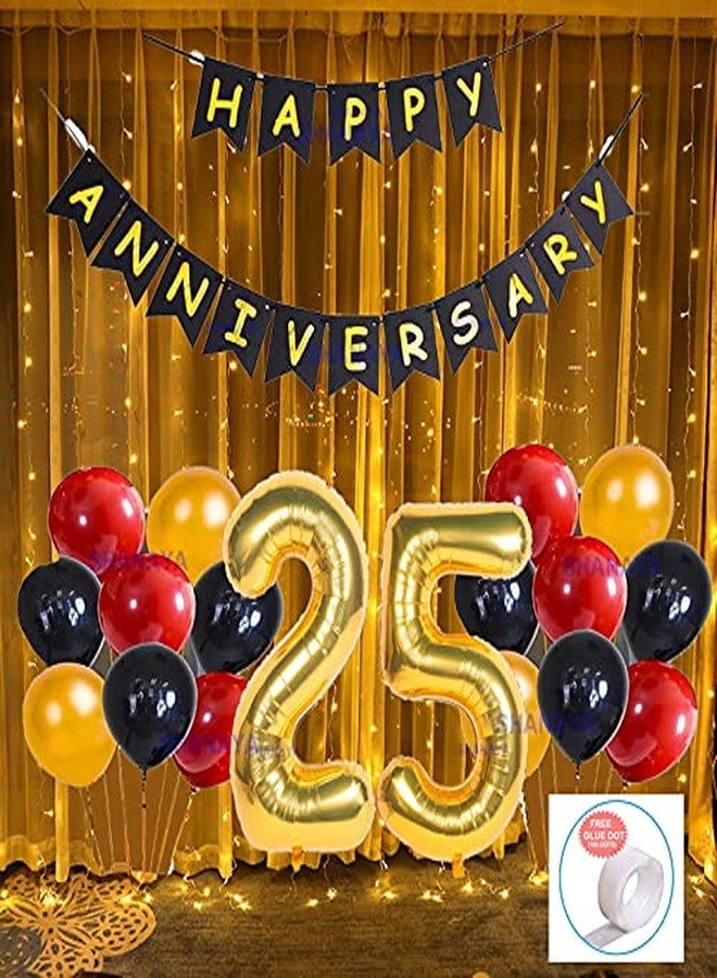 SHANAYA 25th Anniversary Decoration Items - 64Pcs Set For Husband Wife Happy Annniversary Decoration Items - Happy Anniversary Paper Banner Black Gold Number 25 Balloons Glue Dot - Image 1
