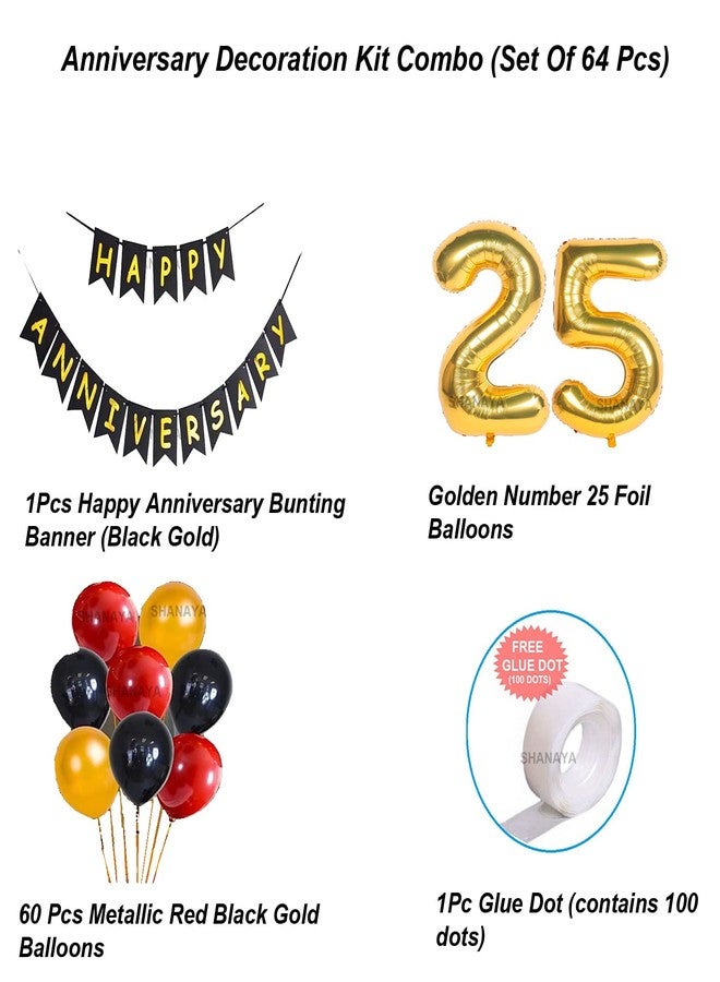 SHANAYA 25th Anniversary Decoration Items - 64Pcs Set For Husband Wife Happy Annniversary Decoration Items - Happy Anniversary Paper Banner Black Gold Number 25 Balloons Glue Dot - Image 2