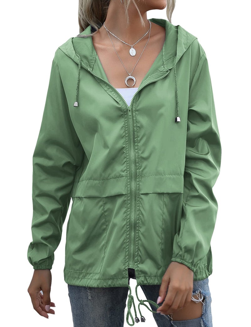 JMinger Women's Waterproof Lightweight Raincoat Hooded Outdoor Hiking Packable Rain Jacket Outdoor Travel Trench Green - Image 2