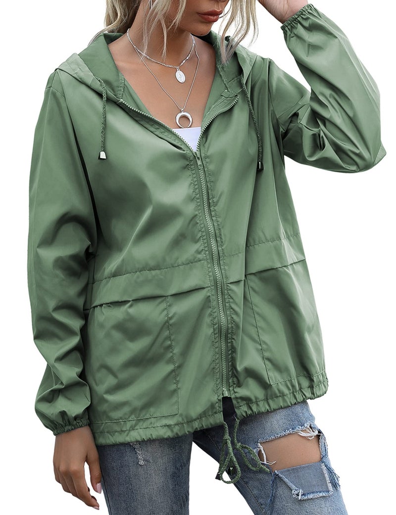 JMinger Women's Waterproof Lightweight Raincoat Hooded Outdoor Hiking Packable Rain Jacket Outdoor Travel Trench Green - Image 1