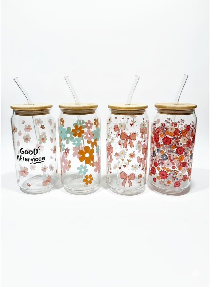 طقم مجات زجاجية على شكل كانز مزخرفة مع شاليموه زجاجى - 4 قطع ألوان زاهية للمشروبات الصيفية والقهوة - أيس كوفى - Image 1