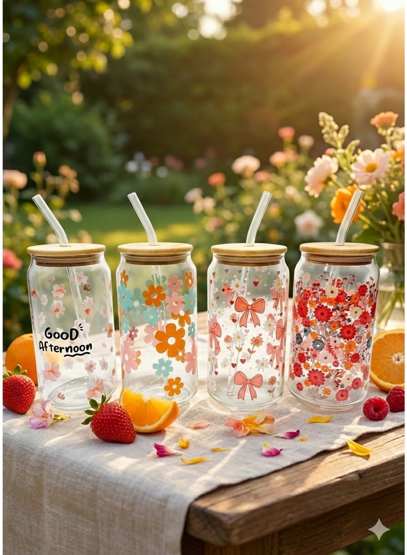 طقم مجات زجاجية على شكل كانز مزخرفة مع شاليموه زجاجى - 4 قطع ألوان زاهية للمشروبات الصيفية والقهوة - أيس كوفى - Image 2