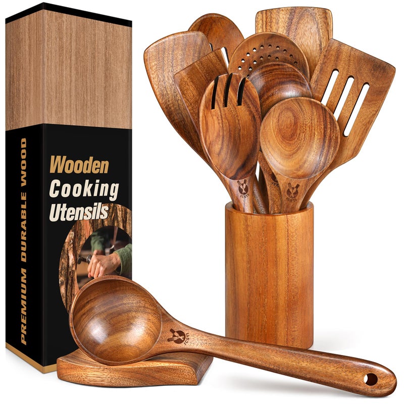 ICSTI 12 Pcs Teak Wooden Utensil Set with Holder & Spoon Rest, Wooden Spoons for Cooking with Comfort Grip, Wooden Cooking Utensils Set for Nonstick Cookware, Lightweight & Heat Resistant Kitchen Utensils - Image 1