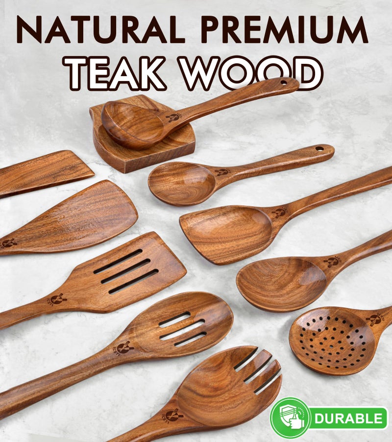 ICSTI 12 Pcs Teak Wooden Utensil Set with Holder & Spoon Rest, Wooden Spoons for Cooking with Comfort Grip, Wooden Cooking Utensils Set for Nonstick Cookware, Lightweight & Heat Resistant Kitchen Utensils - Image 2