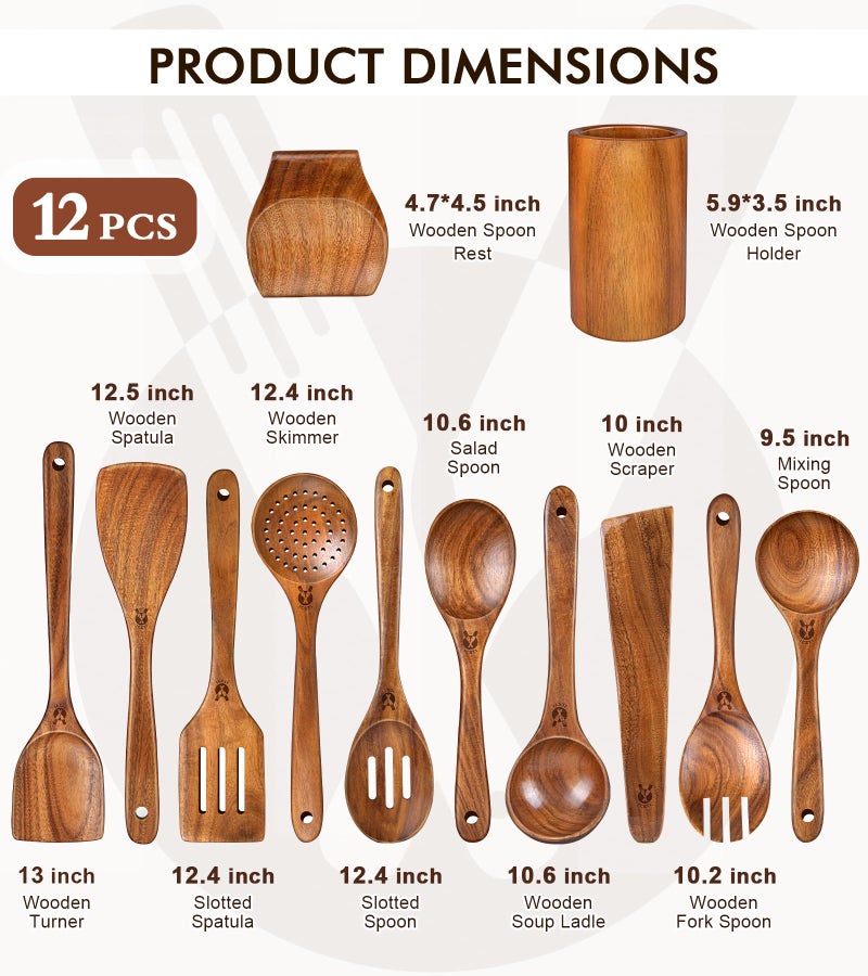 ICSTI 12 Pcs Teak Wooden Utensil Set with Holder & Spoon Rest, Wooden Spoons for Cooking with Comfort Grip, Wooden Cooking Utensils Set for Nonstick Cookware, Lightweight & Heat Resistant Kitchen Utensils - Image 3