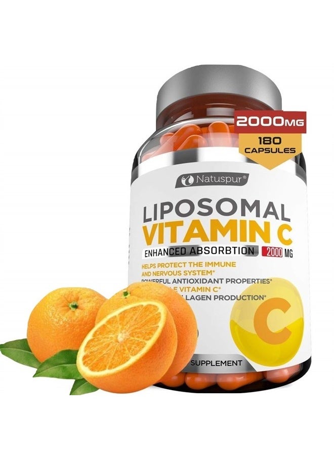 Natuspur Premium Liposomal Vitamin C 2000mg - 180 Capsules –Ultra Potent High Absorption Ascorbic Acid, Supports Immune System & Collagen Booster - Powerful Antioxidant High Dose - Fat Soluble  - Image 1