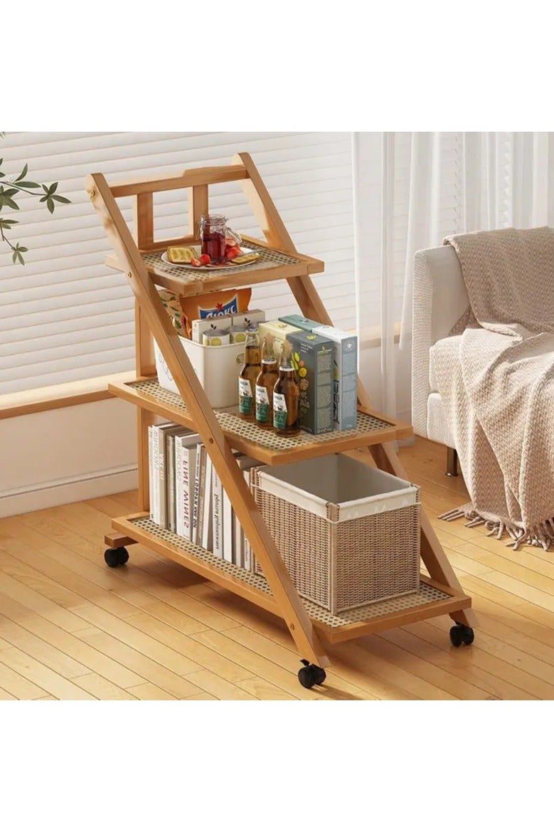 LINGWEI Bamboo Serving Cart Foldable Wooden Kitchen Trolley Kitchen Storage Organizer - Image 2