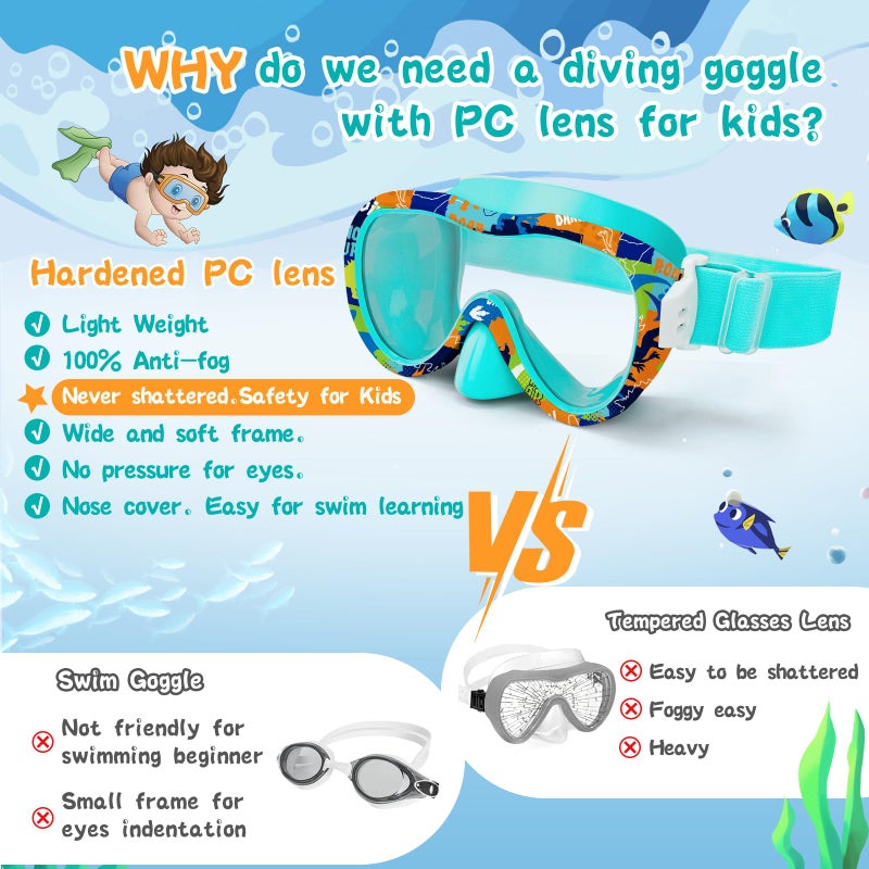 Wave Kids Swim Goggles with Nose Cover, 180Â° Panoramic Snorkel Mask with Anti-Fog & Anti-Leak Design, Comfort Fabric Strap UV Protection Lens for Boys Girls Ages 3-15 - Image 5
