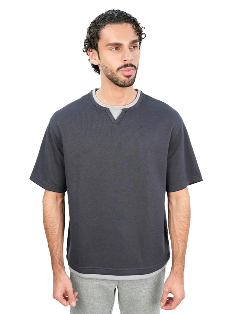 جيوردانو Men’s Loose Jacquard Interlock Crew Neck Short Sleeve Tee