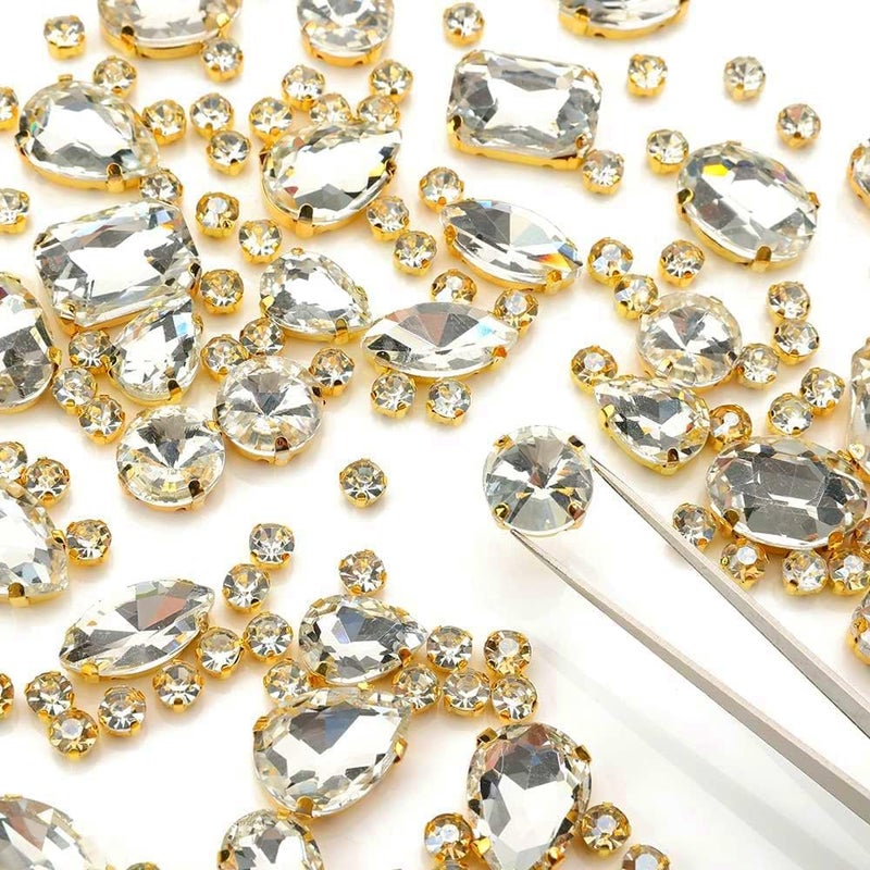 Choupee Clear Sew On Rhinestones, Gold Prong Setting Rhinestone 130PCS Sewing Claw Rhinestone Mixed Shapes Sew On Glass Gems for Jewelry, Clothes, Costume, Shoes,Dress, Garments - Image 2