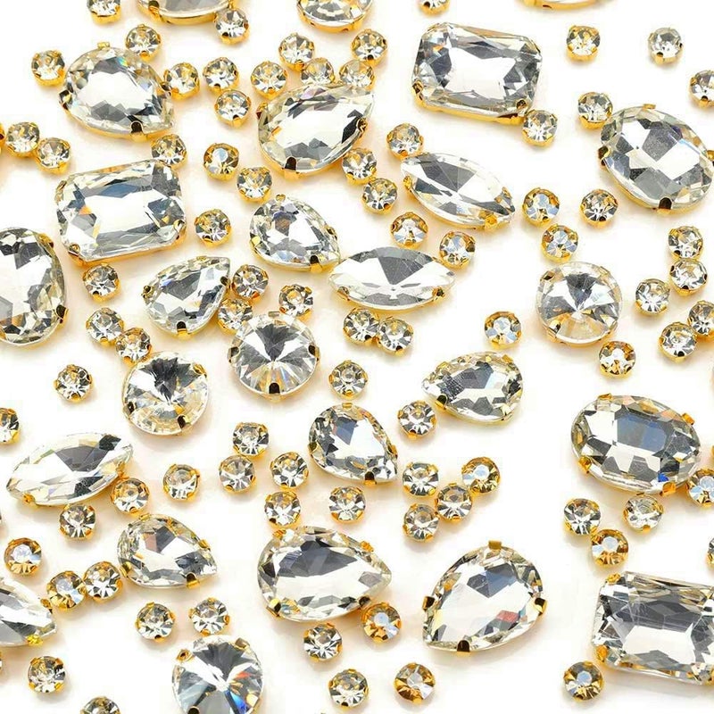 Choupee Clear Sew On Rhinestones, Gold Prong Setting Rhinestone 130PCS Sewing Claw Rhinestone Mixed Shapes Sew On Glass Gems for Jewelry, Clothes, Costume, Shoes,Dress, Garments - Image 1