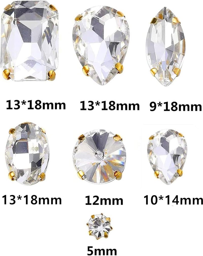 Choupee Clear Sew On Rhinestones, Gold Prong Setting Rhinestone 130PCS Sewing Claw Rhinestone Mixed Shapes Sew On Glass Gems for Jewelry, Clothes, Costume, Shoes,Dress, Garments - Image 3
