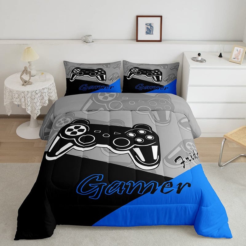 Feelyou Gaming Comforter Set for Boys Teen Video Game Bedding Set for Kids Gamer Comforter for All Season Gamepad Home Decor Queen Size with 2 Pillowcases Blue Black Grey