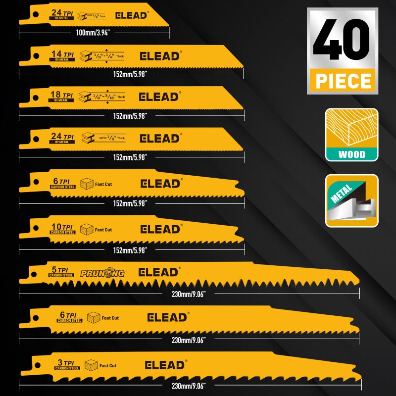 ELEAD 40-Piece Bi-Metal Reciprocating Saw Blade Set, Premium 4 & 6 & 9 Inch Wood & Metal Cutting Saw Blades with Storage Pouch, Long-Lasting Pruning Blades - Image 2