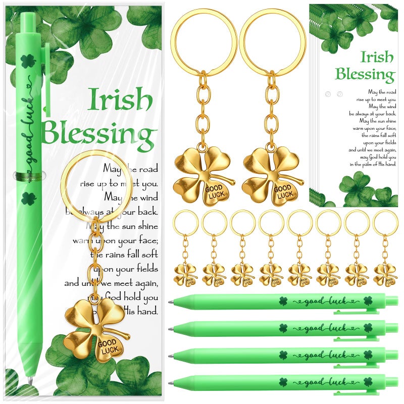 Misdary 20 Sets St. Patrick's Day Gifts Four Leaf Clover Keychains with Irish Blessing Cards Good Luck Ballpoint Pens and Bags Irish Party Favors Appreciation Gift for Staff Teacher Coworker (Golden) - Image 1