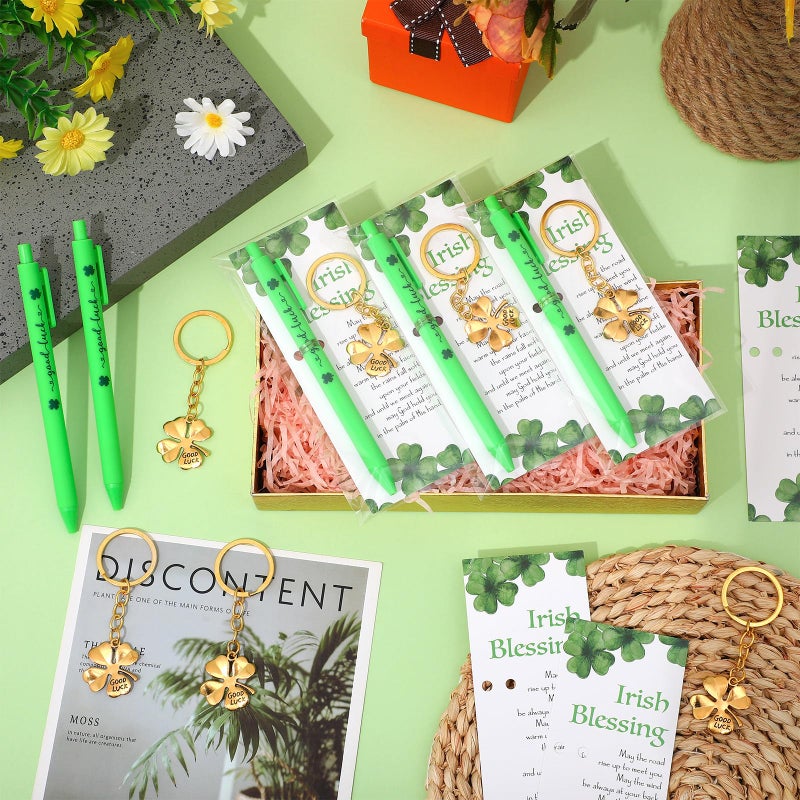 Misdary 20 Sets St. Patrick's Day Gifts Four Leaf Clover Keychains with Irish Blessing Cards Good Luck Ballpoint Pens and Bags Irish Party Favors Appreciation Gift for Staff Teacher Coworker (Golden) - Image 4