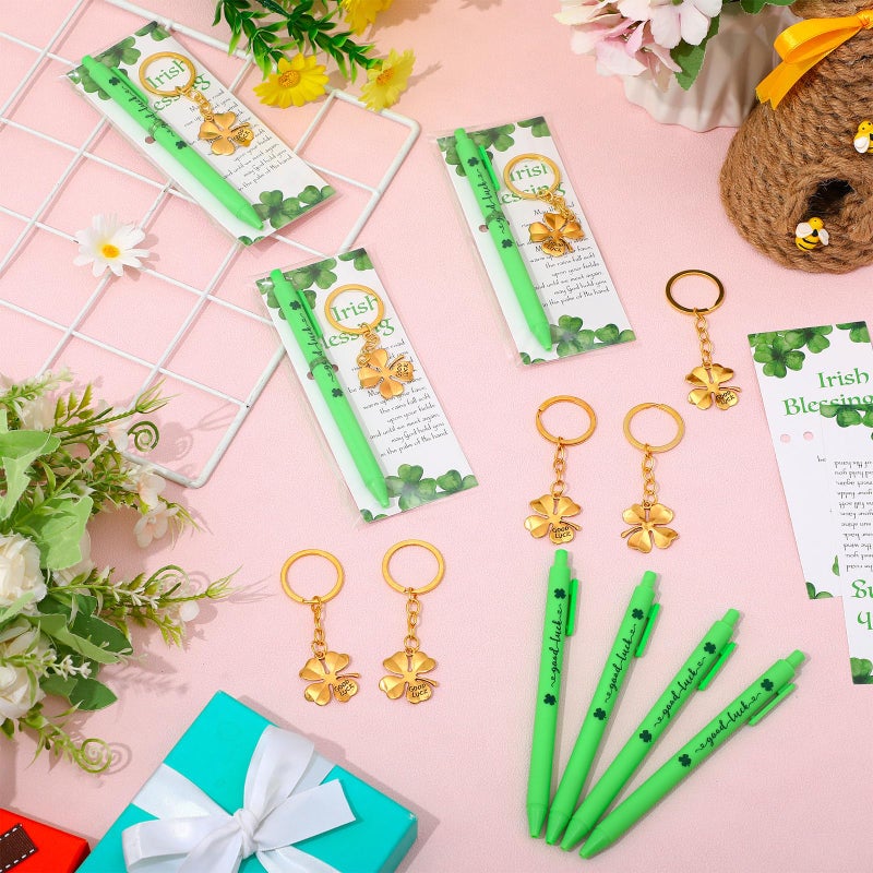 Misdary 20 Sets St. Patrick's Day Gifts Four Leaf Clover Keychains with Irish Blessing Cards Good Luck Ballpoint Pens and Bags Irish Party Favors Appreciation Gift for Staff Teacher Coworker (Golden) - Image 5