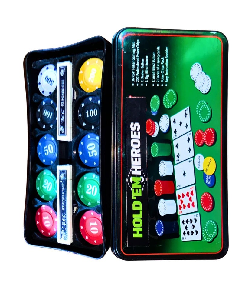 Snoogg Holdem Heros Pro Poker Chip Set for Teen Patti Flus Card Game. Includes 40 pc Each of 10, 20, 50, 100 Chips; 20 pc Each of 200, 500 Chips; 2 Card Decks, Mat, and Buttons. - Image 4