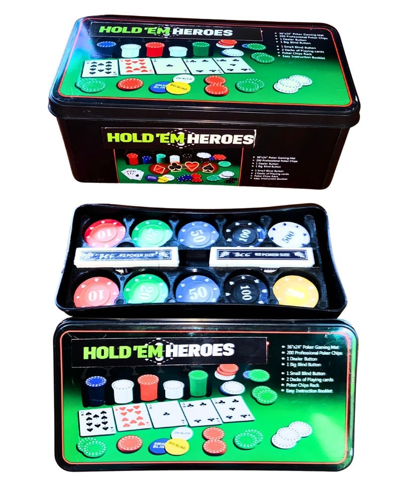 Snoogg Holdem Heros Pro Poker Chip Set for Teen Patti Flus Card Game. Includes 40 pc Each of 10, 20, 50, 100 Chips; 20 pc Each of 200, 500 Chips; 2 Card Decks, Mat, and Buttons. - Image 5