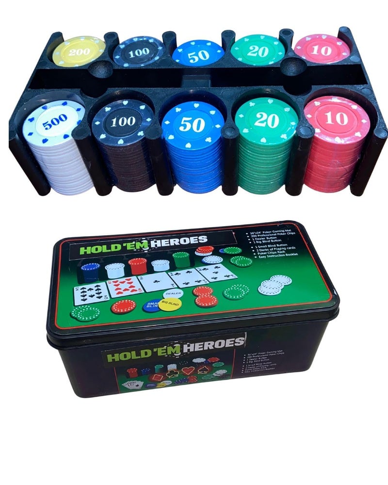 Snoogg Holdem Heros Pro Poker Chip Set for Teen Patti Flus Card Game. Includes 40 pc Each of 10, 20, 50, 100 Chips; 20 pc Each of 200, 500 Chips; 2 Card Decks, Mat, and Buttons. - Image 2