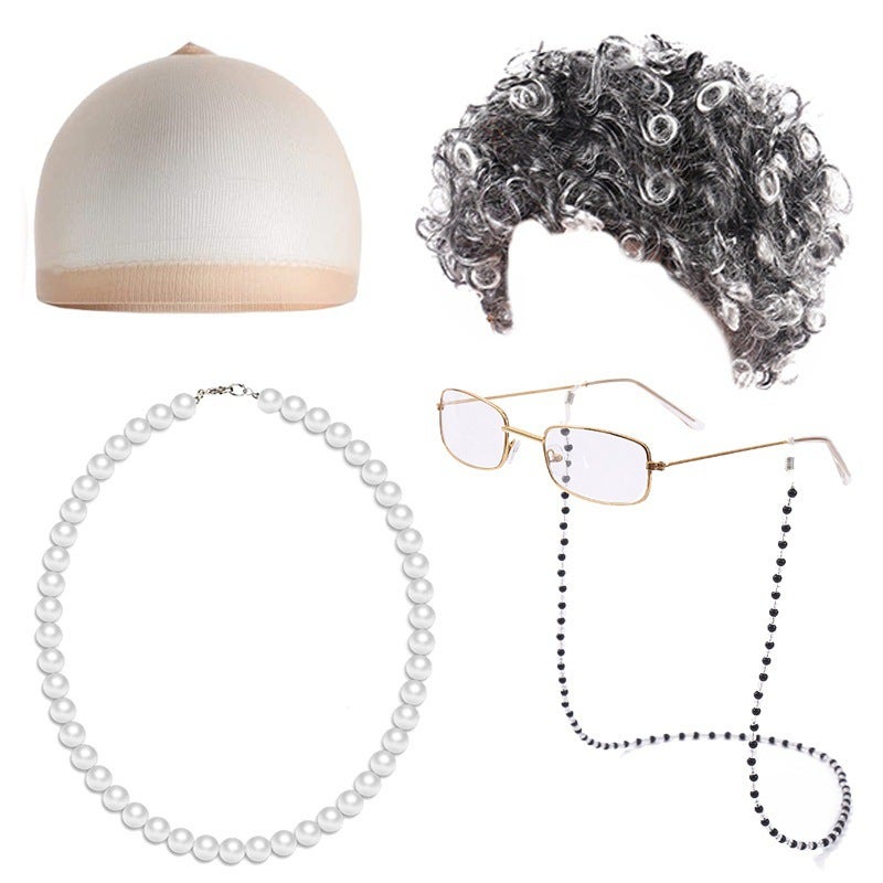 Generic Halloween Granny Wig Cosplay Curly Hair Costume SetBlack and white curly hair five-piece set Black and white curly hair five-piece set
