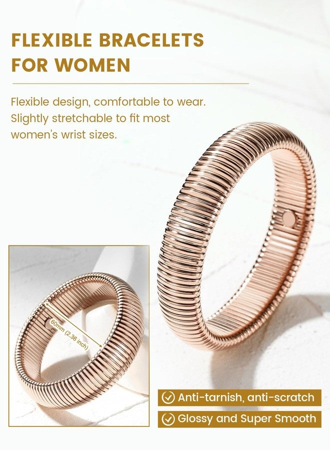 KeyStyle Rose Gold Bangles Bracelets for Women, 16mm Chunky Link Stretchy Bangle Stack, Stainless Steel Watch Band Chain Pink Wristband Jewelry - Image 4
