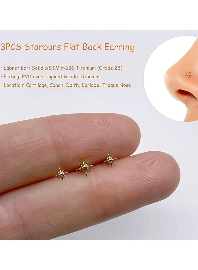 3CS Titanium Flat Back Earrings, 20G/18G/16G Threadless Nose Stud Tiny Stud Earrings, Cartilage Tragus Piercing Jewelry Conch Helix Stud - Image 3