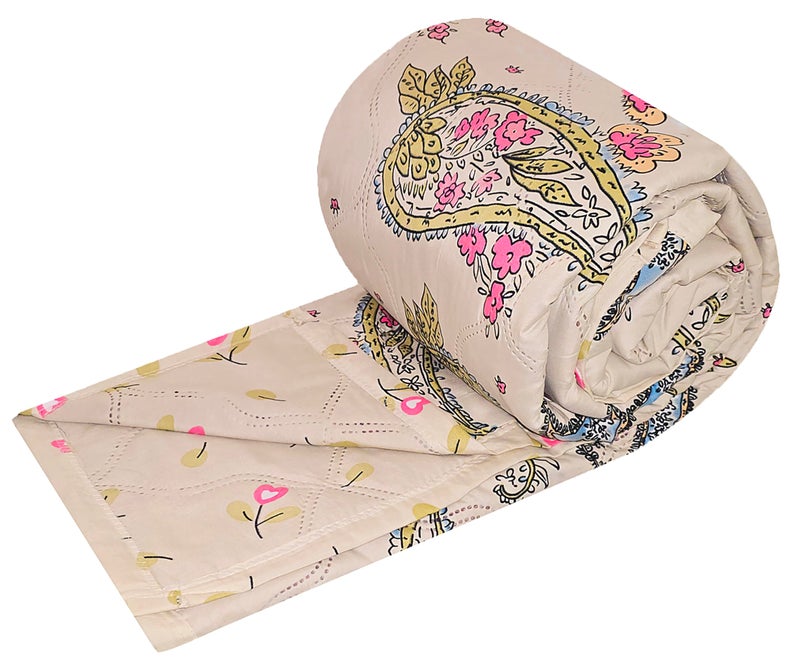 Fancy Walas Dohar Double Bed 100% Cotton Blankets for Summer | 90X100 Inch, 150GSM Ac Comforter and Cooling Blankets for Summer | Classic Printed Design | Cream Color Curry | Quilt | Ideal for Gifting - Image 1
