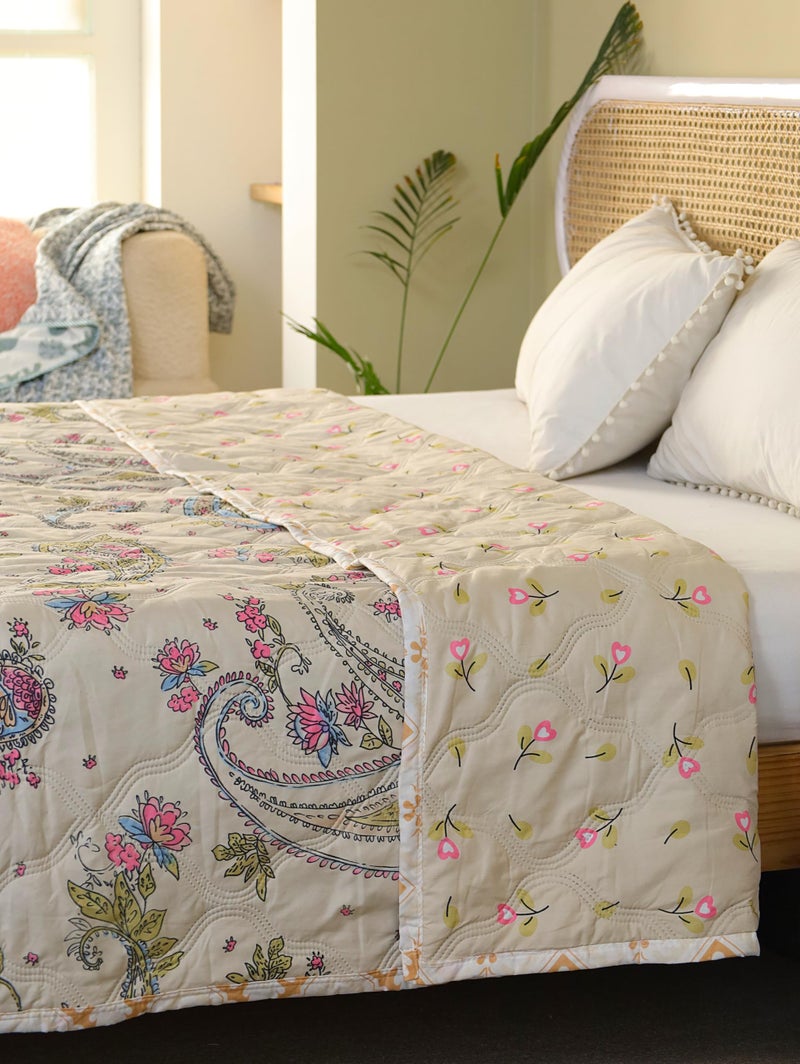 Fancy Walas Dohar Double Bed 100% Cotton Blankets for Summer | 90X100 Inch, 150GSM Ac Comforter and Cooling Blankets for Summer | Classic Printed Design | Cream Color Curry | Quilt | Ideal for Gifting - Image 3