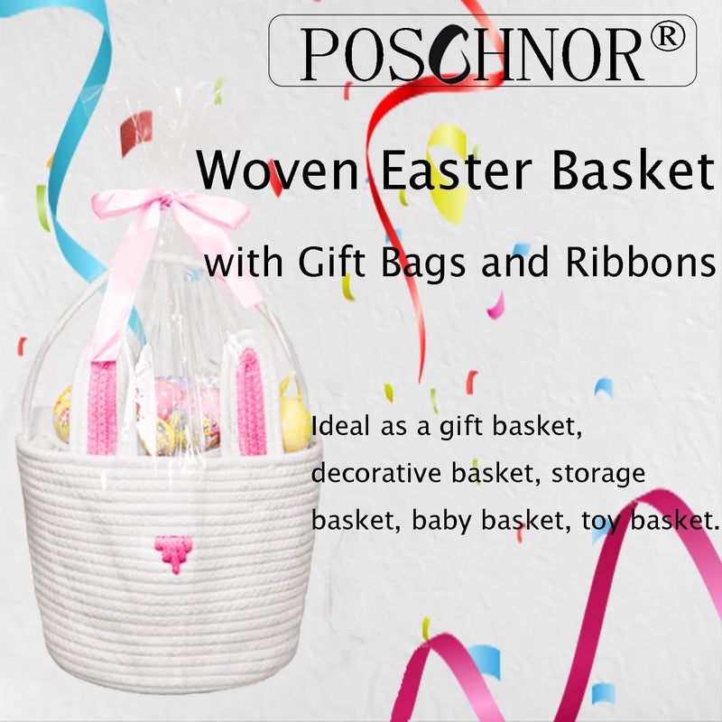 Poschnor Easter Gift Basket Empty With Gift Bags And Ribbons  Easter Bunny Basket  Small Woven Rope Baskets For Organizing  Basket For Gifting  Storage Basket Bins  Pink - Image 2