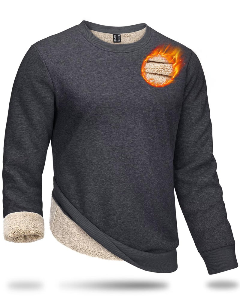 Boladeci Mens Crewneck Sweatshirts No Hood Sherpa Lined Heavy-weight Thick Thermal Long Sleeve Fleece Pullover Cotton Winter Shirts Insualted Top Warm Dark Grey - Image 1