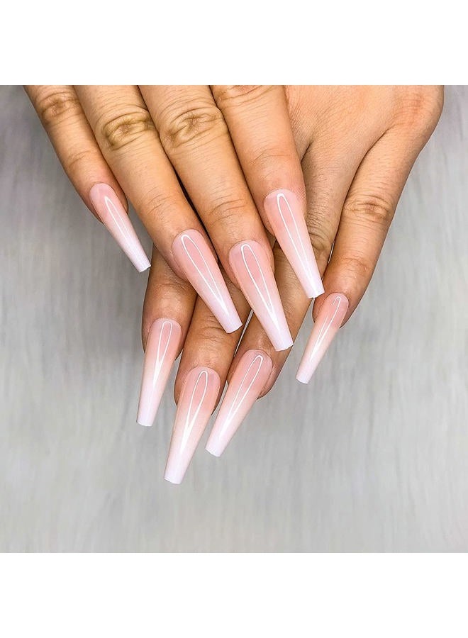 Morily 24pcs Fake Nails Nude White Ombre Ballerina Long Coffin Glossy Press on Nail False Tips Artificial Finger Manicure for Women - Image 2