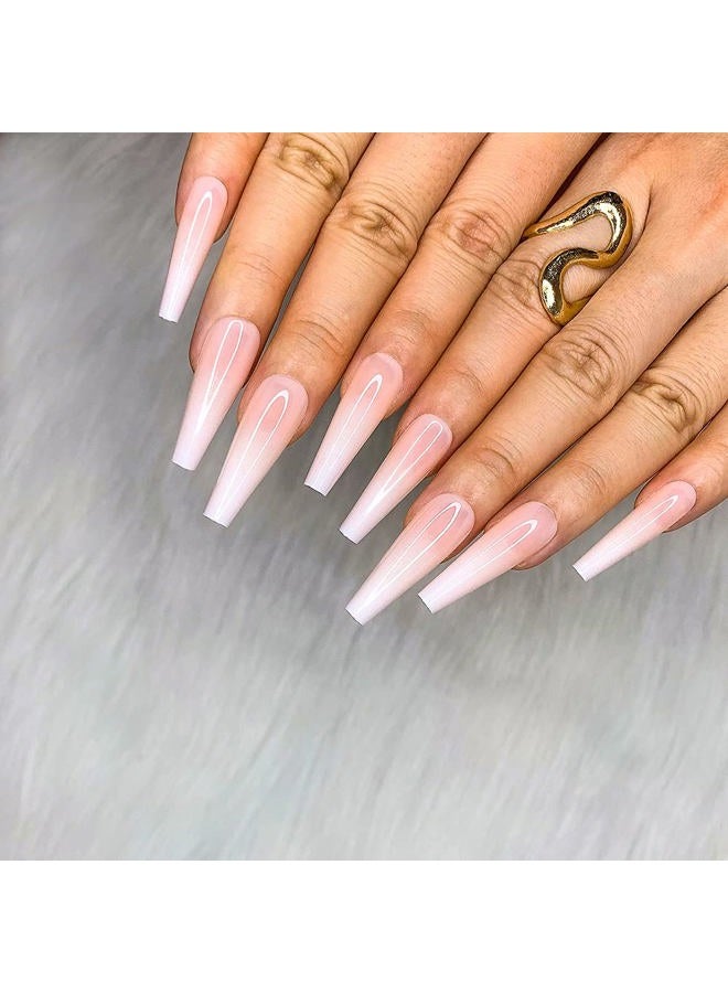Morily 24pcs Fake Nails Nude White Ombre Ballerina Long Coffin Glossy Press on Nail False Tips Artificial Finger Manicure for Women - Image 1