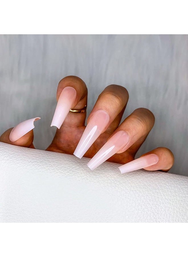 Morily 24pcs Fake Nails Nude White Ombre Ballerina Long Coffin Glossy Press on Nail False Tips Artificial Finger Manicure for Women - Image 5