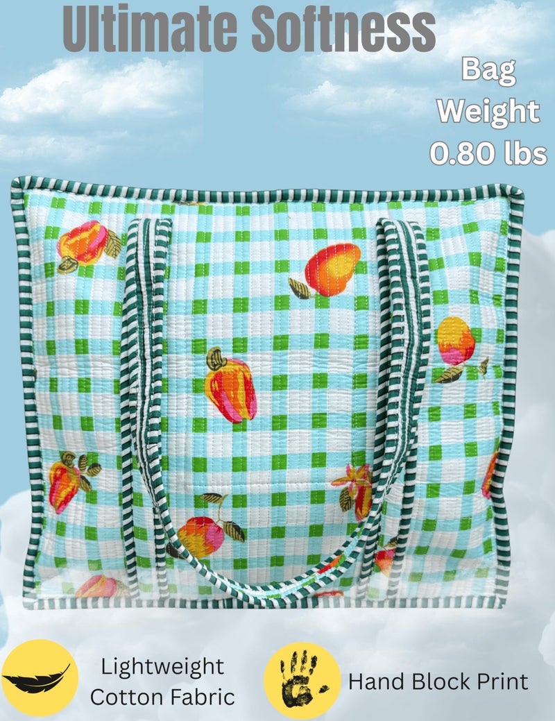 Third Eye Export 100% Cotton Quilted Tote Bag 18x16â€“ Large Zipper Beach Bag & Travel Bag Green Purse Reusable Grocery Bags (Snowflake Waterspout Apple Print) - Image 4