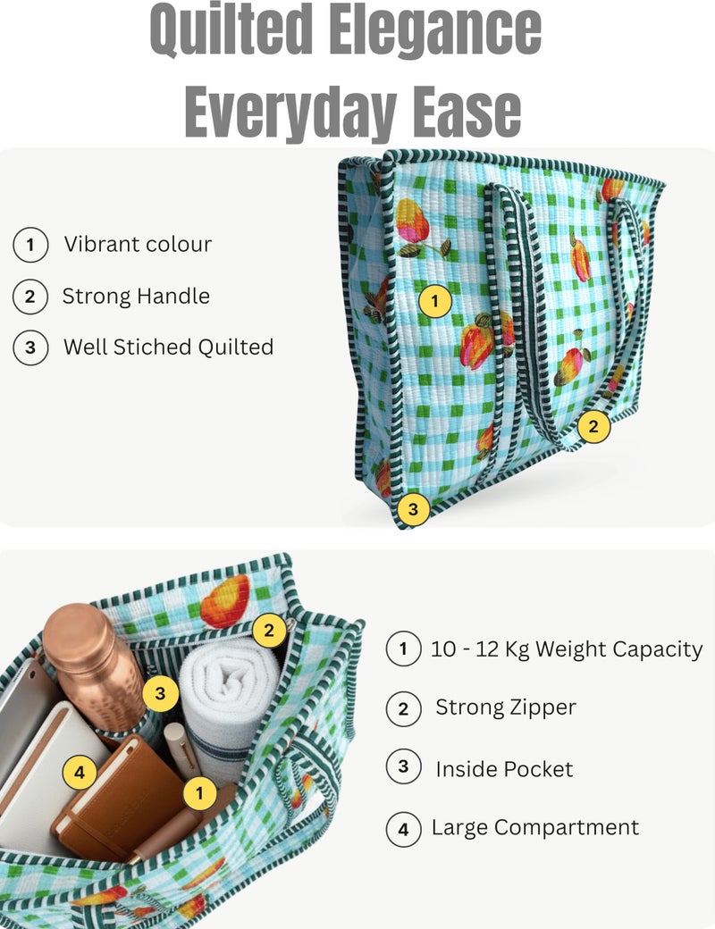 Third Eye Export 100% Cotton Quilted Tote Bag 18x16â€“ Large Zipper Beach Bag & Travel Bag Green Purse Reusable Grocery Bags (Snowflake Waterspout Apple Print) - Image 3