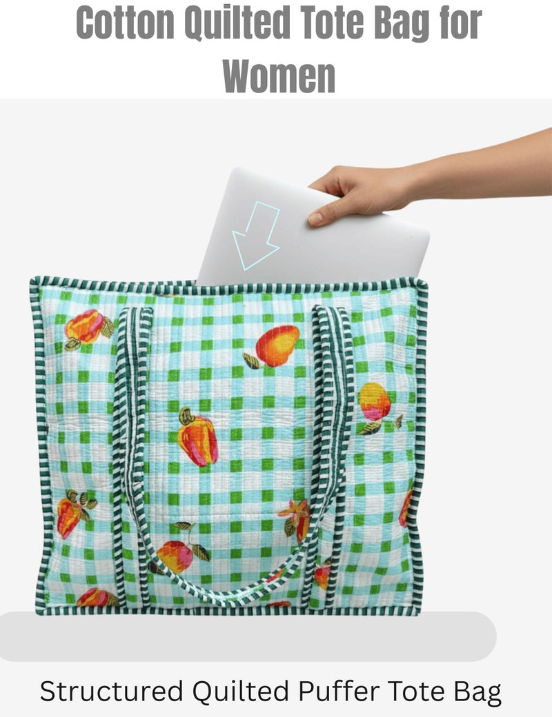 Third Eye Export 100% Cotton Quilted Tote Bag 18x16â€“ Large Zipper Beach Bag & Travel Bag Green Purse Reusable Grocery Bags (Snowflake Waterspout Apple Print) - Image 5