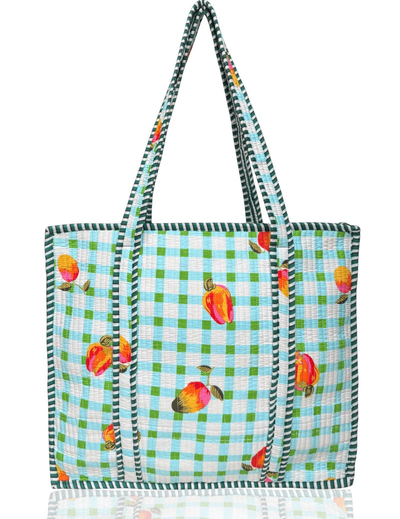Third Eye Export 100% Cotton Quilted Tote Bag 18x16â€“ Large Zipper Beach Bag & Travel Bag Green Purse Reusable Grocery Bags (Snowflake Waterspout Apple Print) - Image 1