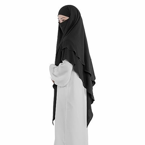 khalat Muslim Prayer Hijab 2 Layers Soft Breathable Hijab Islamic Dubai Womens Instant Long Hijab Black - Image 2