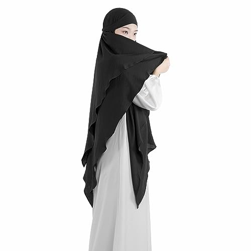 khalat Muslim Prayer Hijab 2 Layers Soft Breathable Hijab Islamic Dubai Womens Instant Long Hijab Black - Image 3