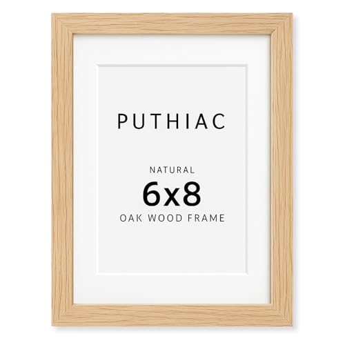 puthiac 6x8 Solid Oak Wood Picture Frame, Fits 5x7 with Mat or 6x8 Without Mat, Wall or Tabletop Display with Stand, Vertical or Horizontal, Plexi Front, 1 Pack, Natural Oak - Image 1