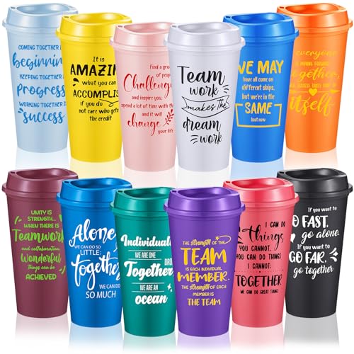FillTouch 12 Pcs Appreciation Cups Gifts Team Coffee Mugs for Office Coworkers Employee Staffs 16 oz Reusable Plastic Cups with Lids Gifts for Staff at Work Bright Color - Image 1
