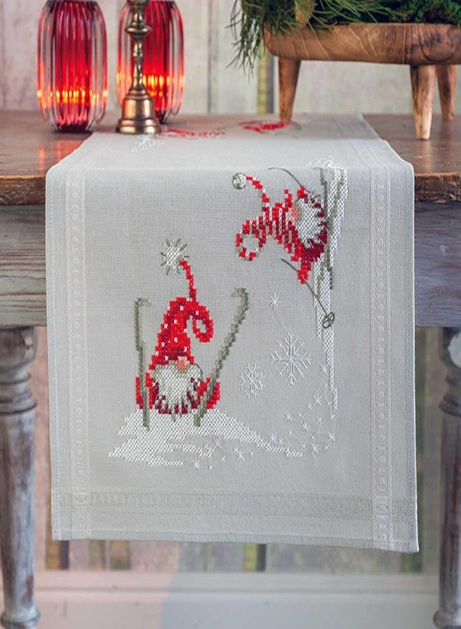 Vervaco Embroidery Christmas Embroidery Kits Cross Stitch Table Runner DIY Set, Tablecloth to Embroider with Image on Cotton and Embroidery Thread, 16 x 40 Inches, Gnomes Skiing - Image 1