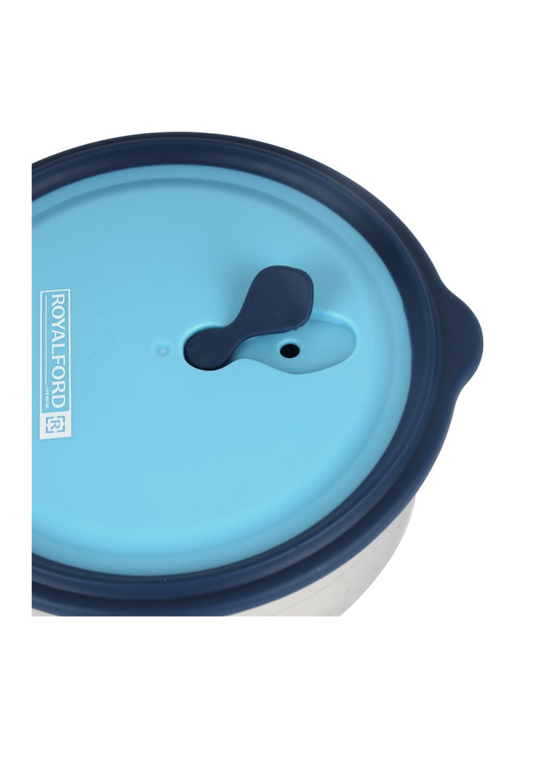 Royalford 700 ml Stainless Steel Lunch Box- RF12626/ Round Tiffin with Polymer Lid, with Steam Release Vent/ Food-Grade, BPA-Free, Airtight and Leakproof Containers for Kids and Adults, to Keep Foods Fresh/ Compact and Portable Design Multicolor - Image 2