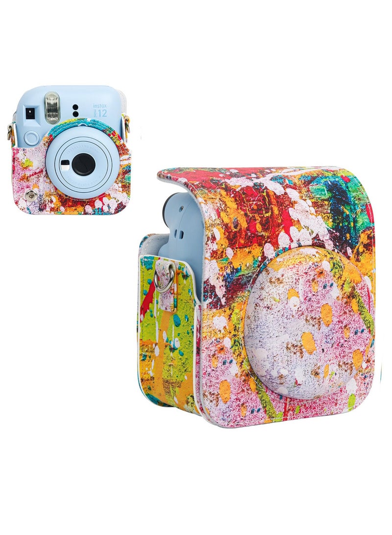 Colorful PU Leather Camera Case for Fuji Mini 12 Instant Camera - Stylish Abstract Design with Adjustable Shoulder Strap, Perfect for On-the-Go Photography - Image 1