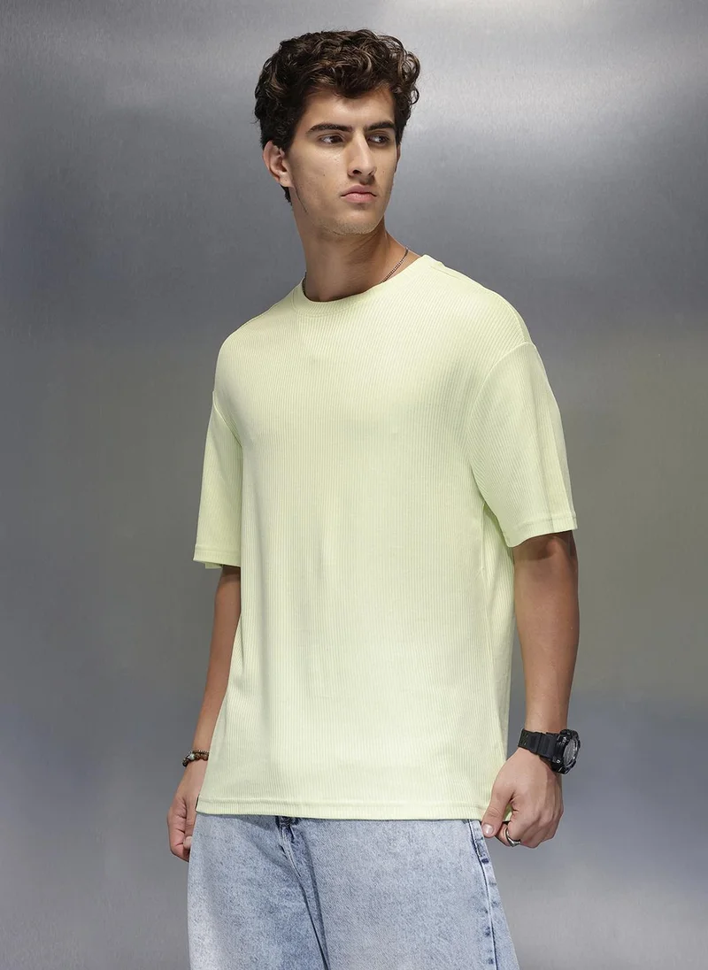 Wrogn Solid Textured Oversized T-Shirt   |  Light Green