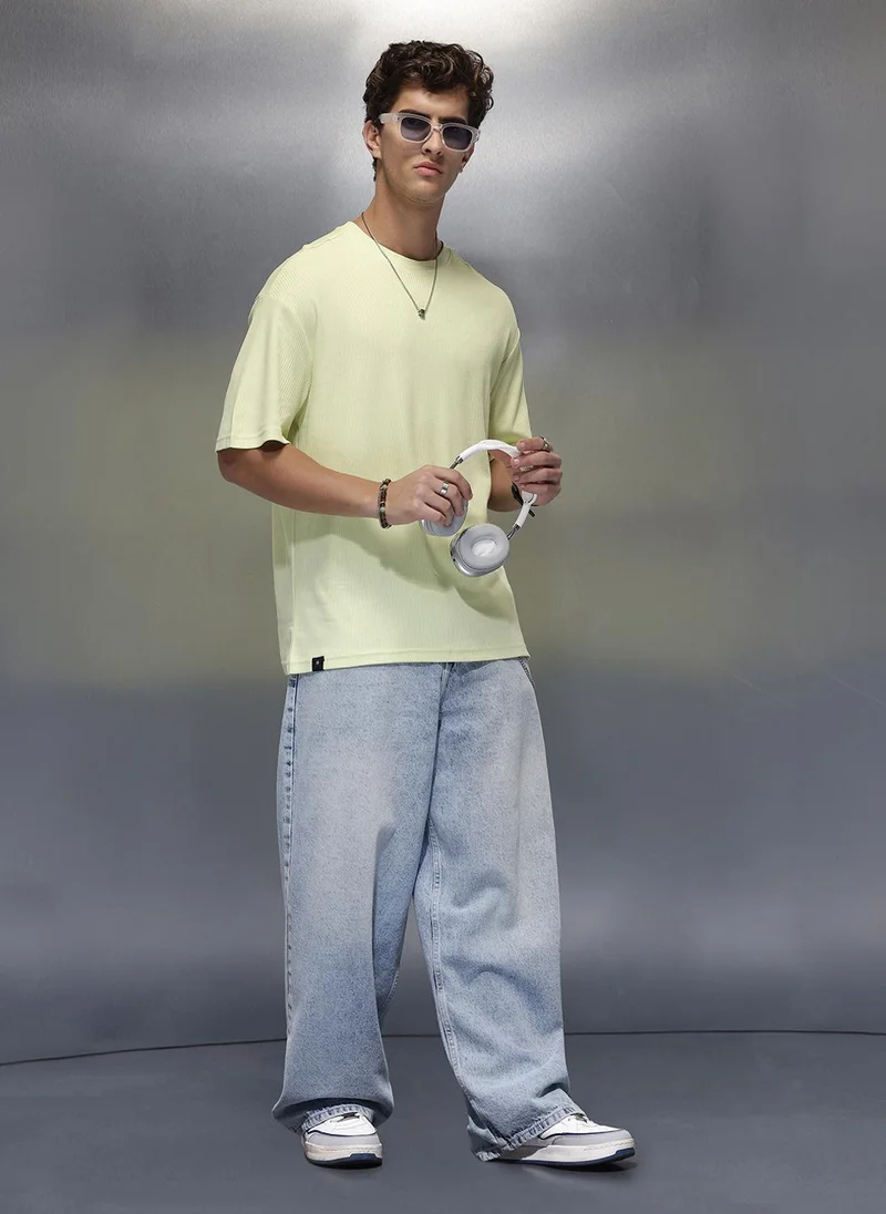 Wrogn Solid Textured Oversized T-Shirt   |  Light Green